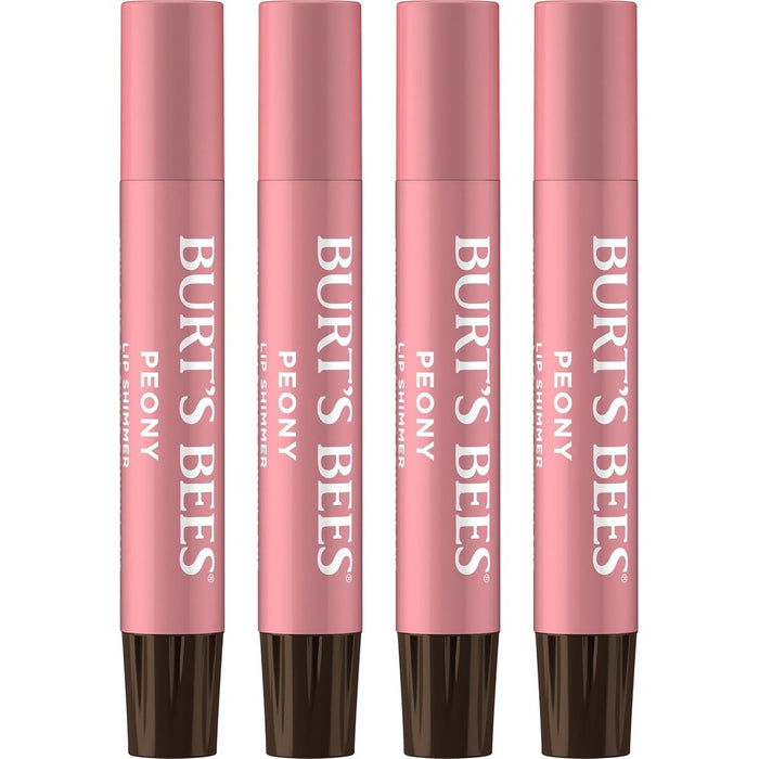 Burt's Bees Peony Lip Shimmer 4-pack front view showcasing slim tubes of tinted lip balm.
