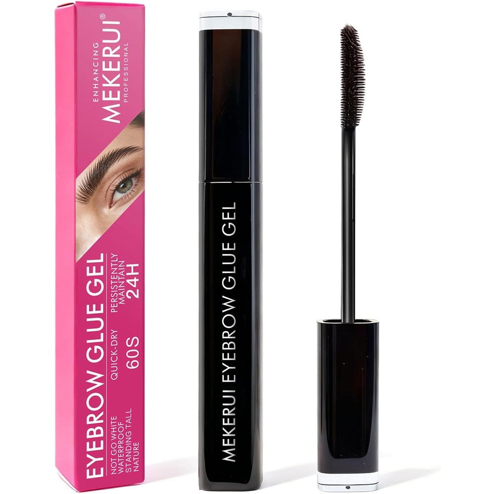 Mekerui eyebrow glue gel front view showcasing clear container and applicator brush.