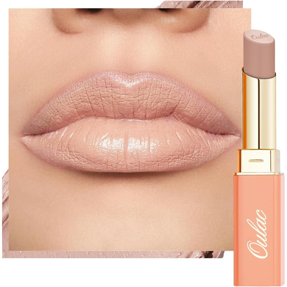 Oulac beige lipstick in SG01 bare creamy pale pinky nude shade showing the pale nude matte lip base