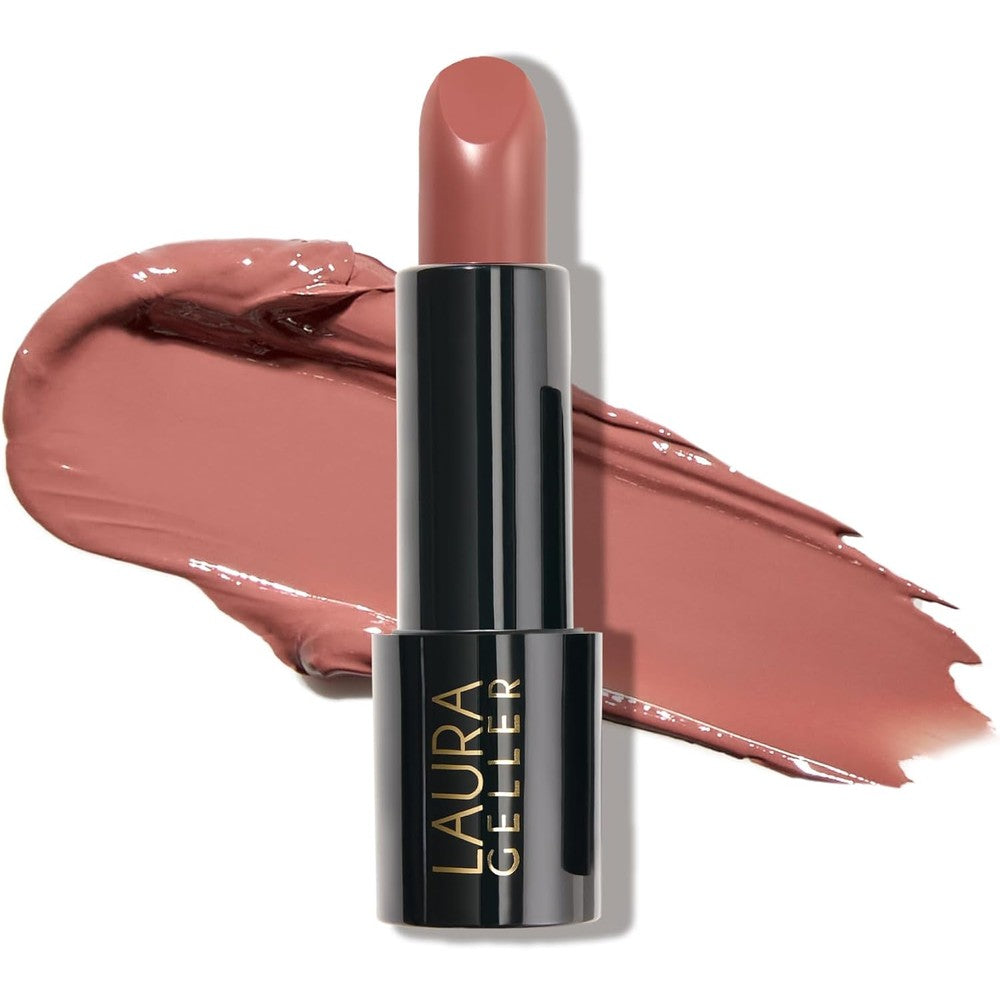 Laura Geller modern classic long lasting lipstick in novel neutral shade showing rich nude color