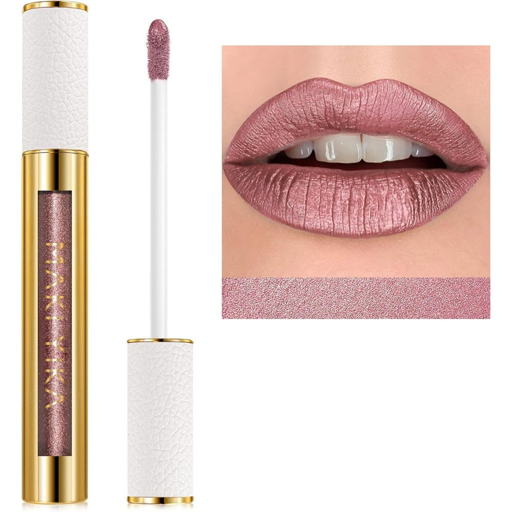 MAKI YIKA metallic pink lipstick in sweet sugar shade with high shine glitter finish & long lasting