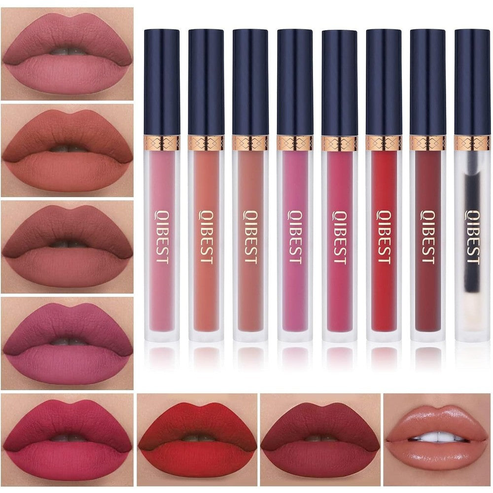 QiBest 7 piece matte liquid lipstick set with clear lip plumper for makeup