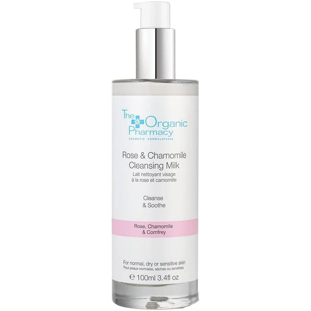 The Organic Pharmacy Rose And Chamomile Cleansing Milk front view bottle