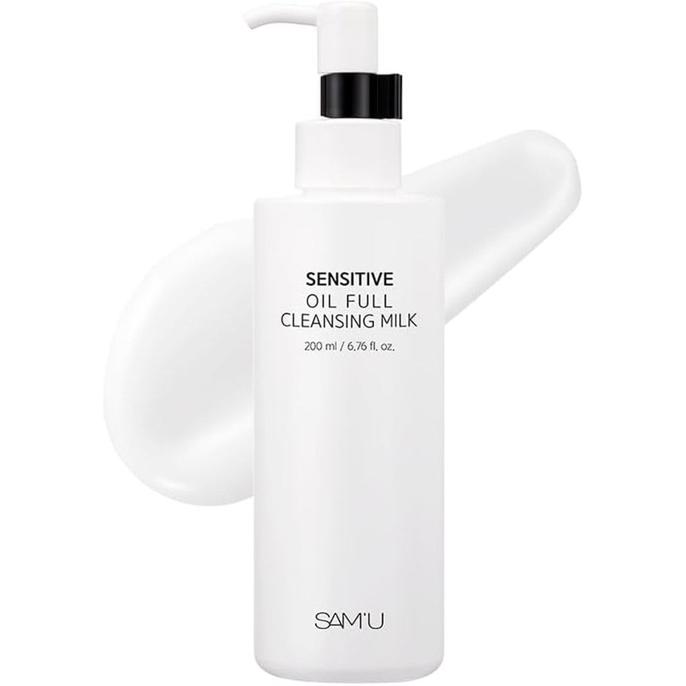 SAM'U Sensitive Oil Full Cleansing Milk bottle front view for makeup removal.