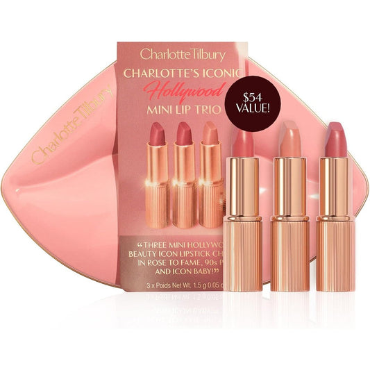 Charlotte Tilbury Iconic Hollywood Mini Lip Trio front view featuring the collectible tin and three mini lipsticks.