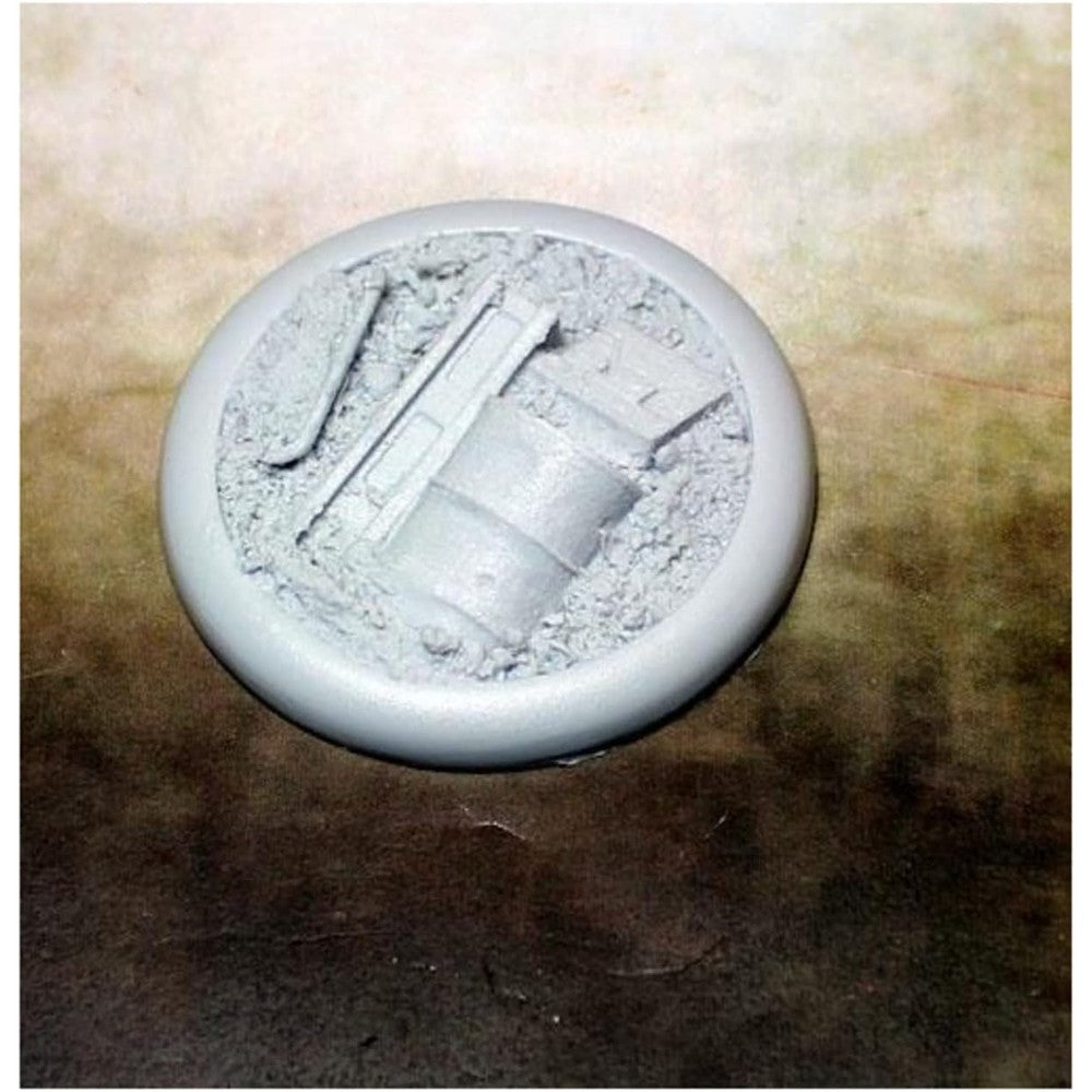 Secret Weapon Miniatures 50mm Round Lip Base Number 1 Scrap Yard front view unpainted premium resin hobby base.