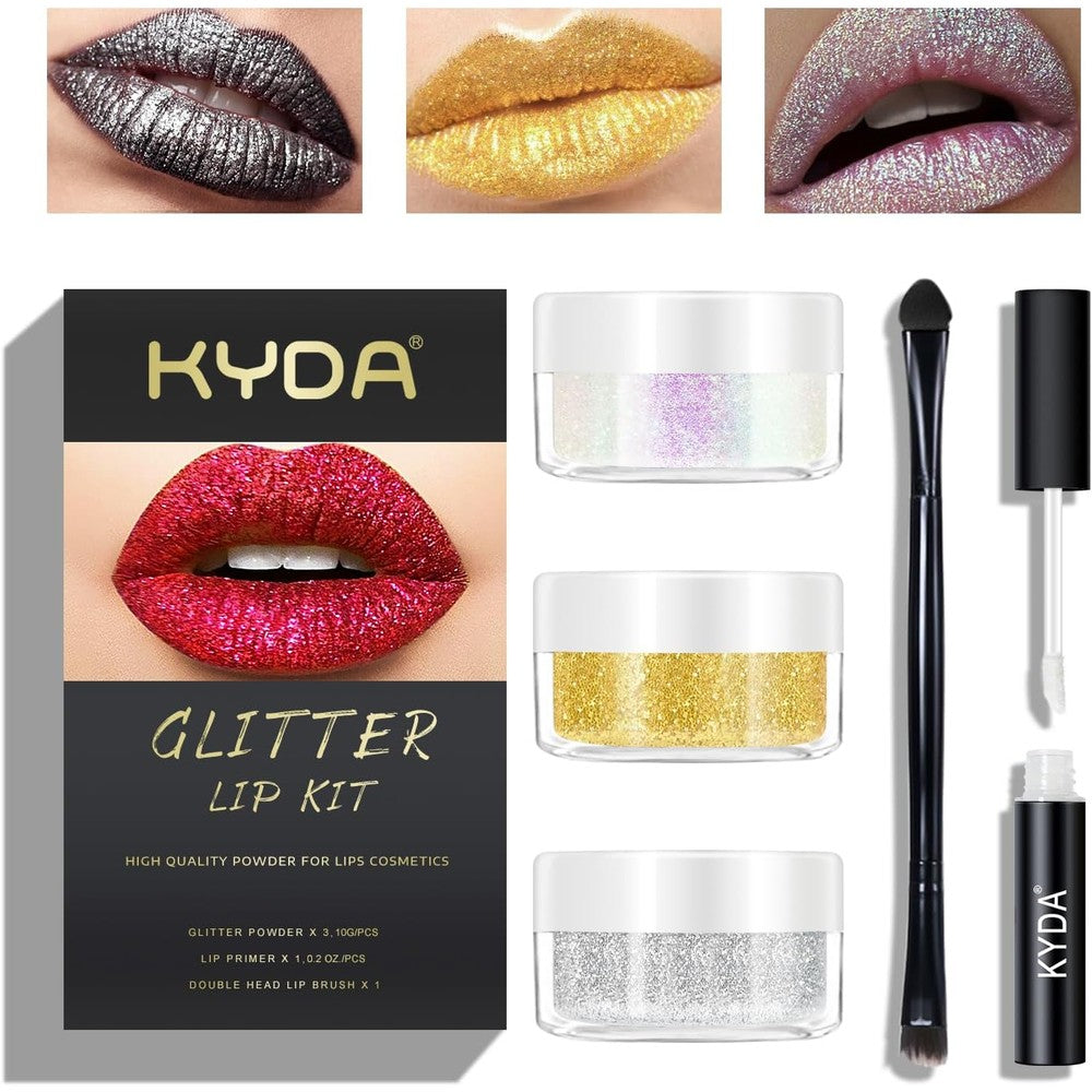 Kyda 3 Colors Glitter Lip Kit front view showing powder and primer