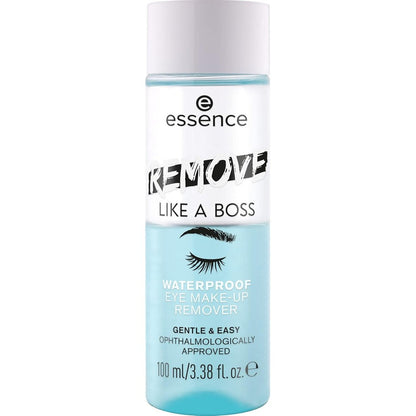 Essence Remove Like A Boss Waterproof Eye And Face Make Up Remover front view bottle showing bi-phase blue and clear liquid layers.