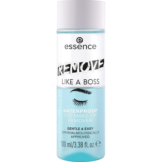 Essence Remove Like A Boss Waterproof Eye And Face Make Up Remover front view bottle showing bi-phase blue and clear liquid layers.