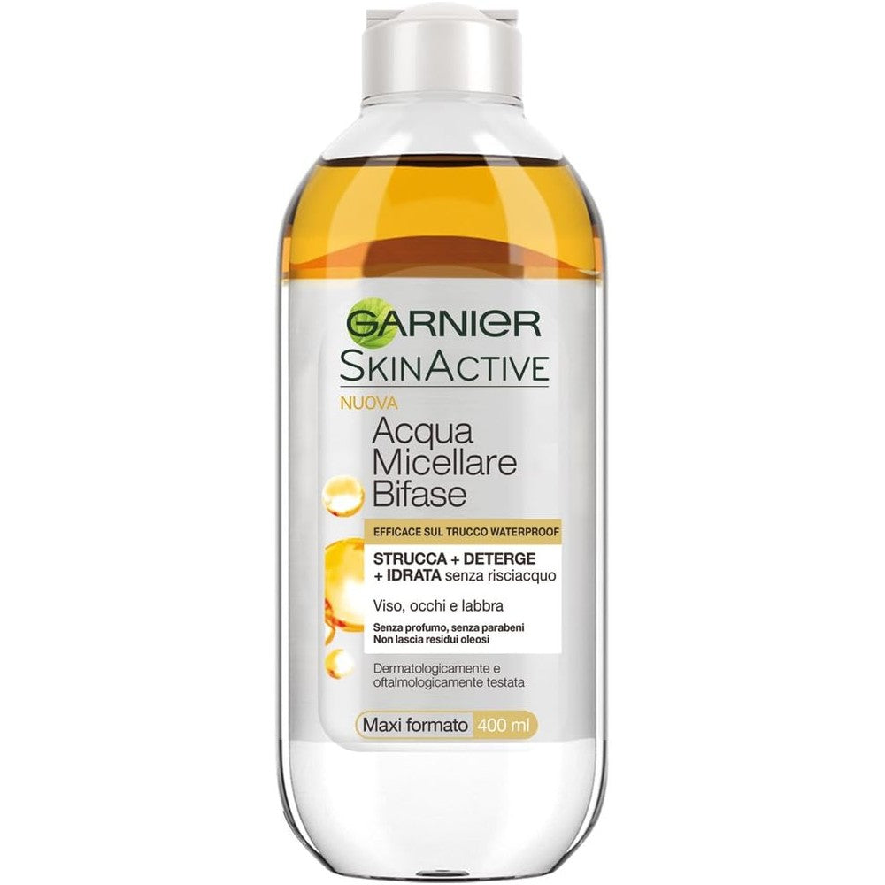Garnier SkinActive Micellar Oil Infused Cleansing Water 400 Milliliter bottle front view showcasing the distinct golden argan oil layer and clear water layer