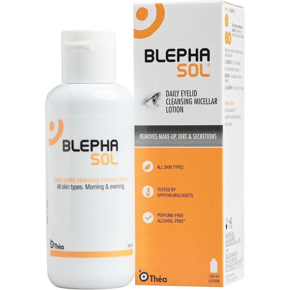 Thea Blephasol micellar eyelid cleansing lotion front view bottle and box