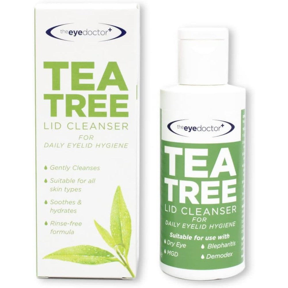 The Eye Doctor Tea Tree Lid Cleanser 100ml bottle front view for daily eyelid hygiene.