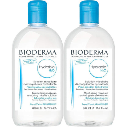 Bioderma Hydrabio DUO H2O Micellar Water front view showing twin imported value bottles for dehydrated skin.