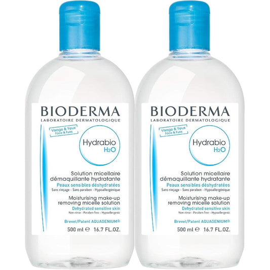 Bioderma Hydrabio DUO H2O Micellar Water front view showing twin imported value bottles for dehydrated skin.