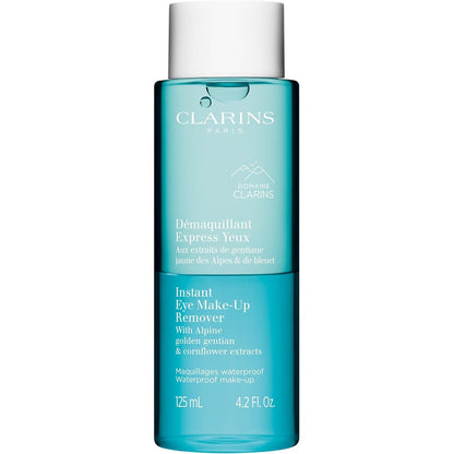 Clarins Instant Eye Makeup Remover 125ml bottle with bi phase blue and clear liquid