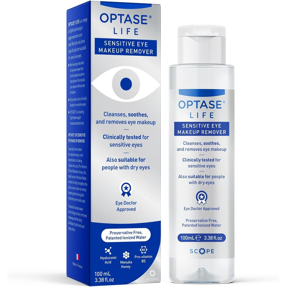 Optase Life Sensitive Eye Makeup Remover 100ml bottle front view for gentle eyelid cleansing