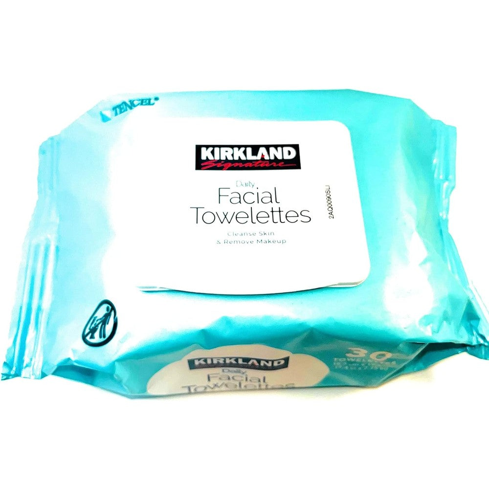 Kirkland Signature Daily Facial Towelettes front pack view showing plant based makeup remover wipes
