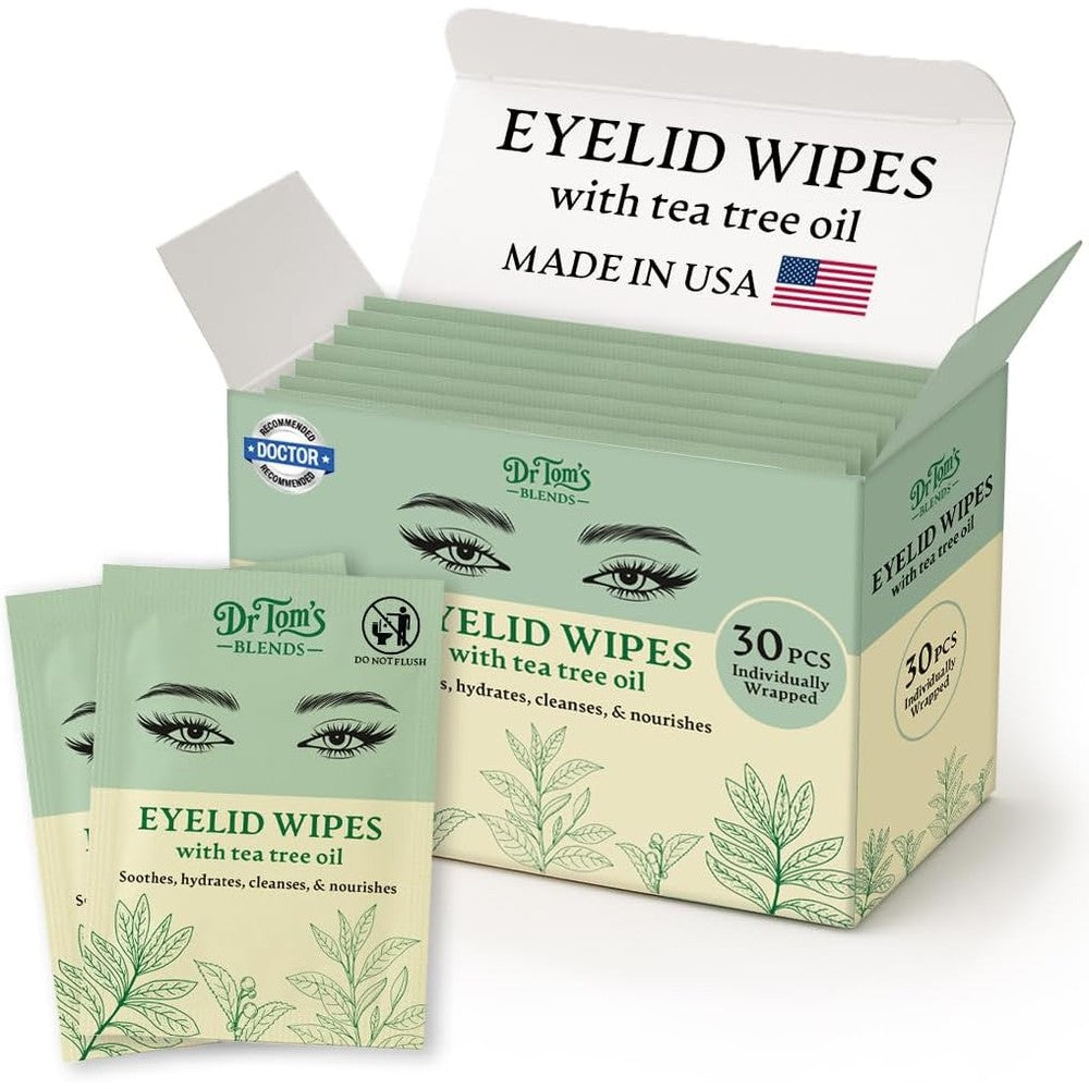 Dr. Tom's Blends tea tree oil eyelid and lash wipes box front view