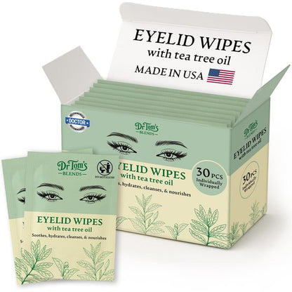 Dr. Tom's Blends tea tree oil eyelid and lash wipes box front view
