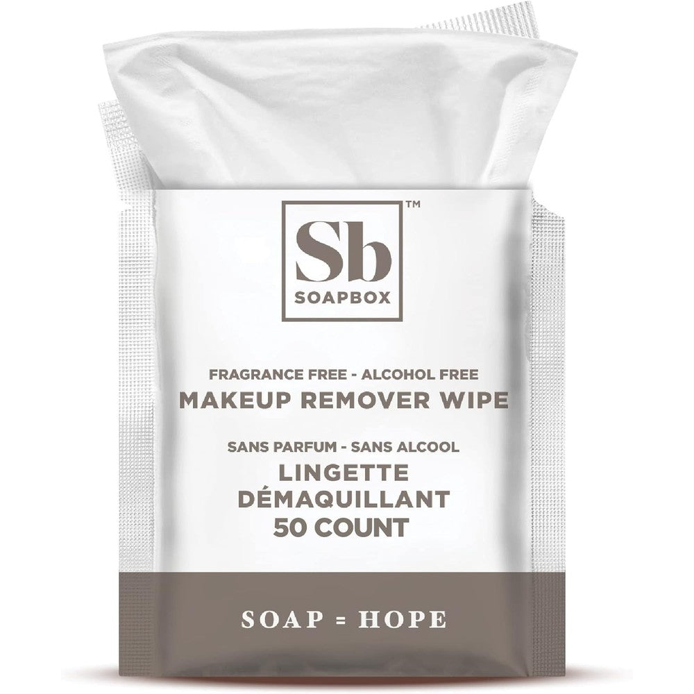 Soapbox Fragrance Free Makeup Remover Wipes front pack view for sensitive skin cleansing
