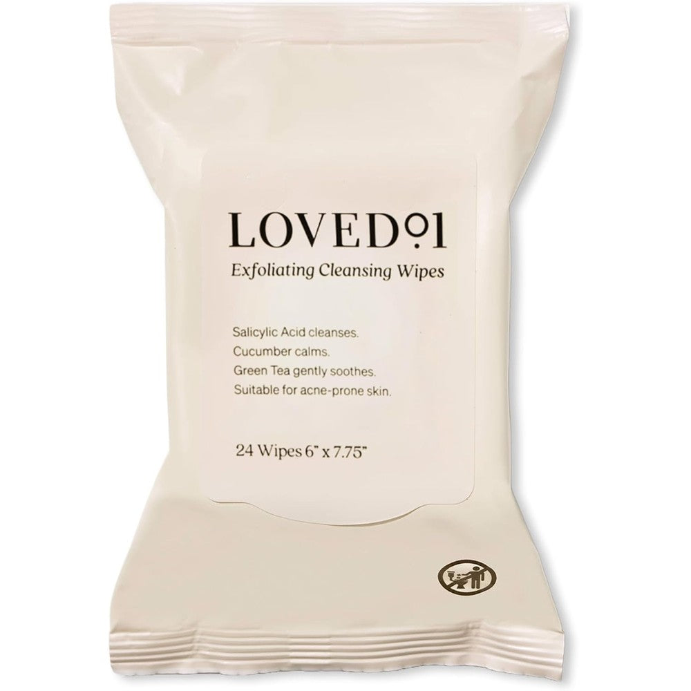 Loved01 Face and Body Salicylic Acid Cleansing Wipes front packaging view showcasing the twenty-four count pack for acne-prone skin.