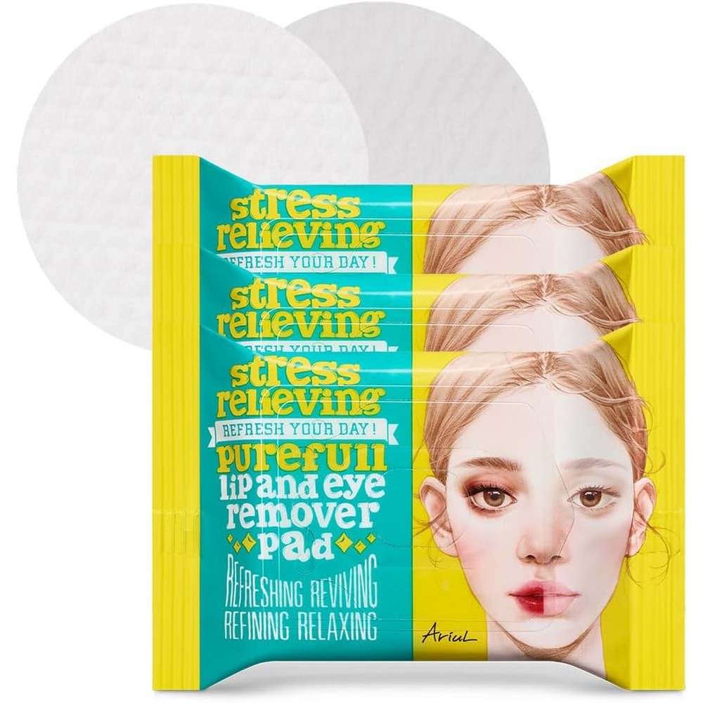 Ariul Stress Relieving Purefull Lip And Eye Remover Pads front packaging view showing teal and yellow design.