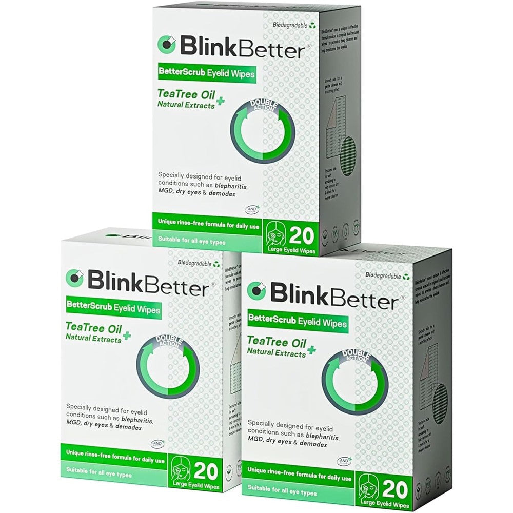 BlinkBetter Tea Tree Oil Eyelid Wipes front view showing pack of 3 boxes for dry eye relief