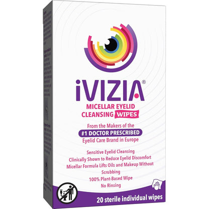 iVIZIA Micellar Eyelid Cleansing Wipes packaging box front view for daily eye hygiene