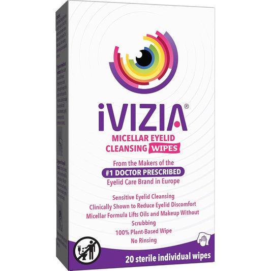 iVIZIA Micellar Eyelid Cleansing Wipes packaging box front view for daily eye hygiene