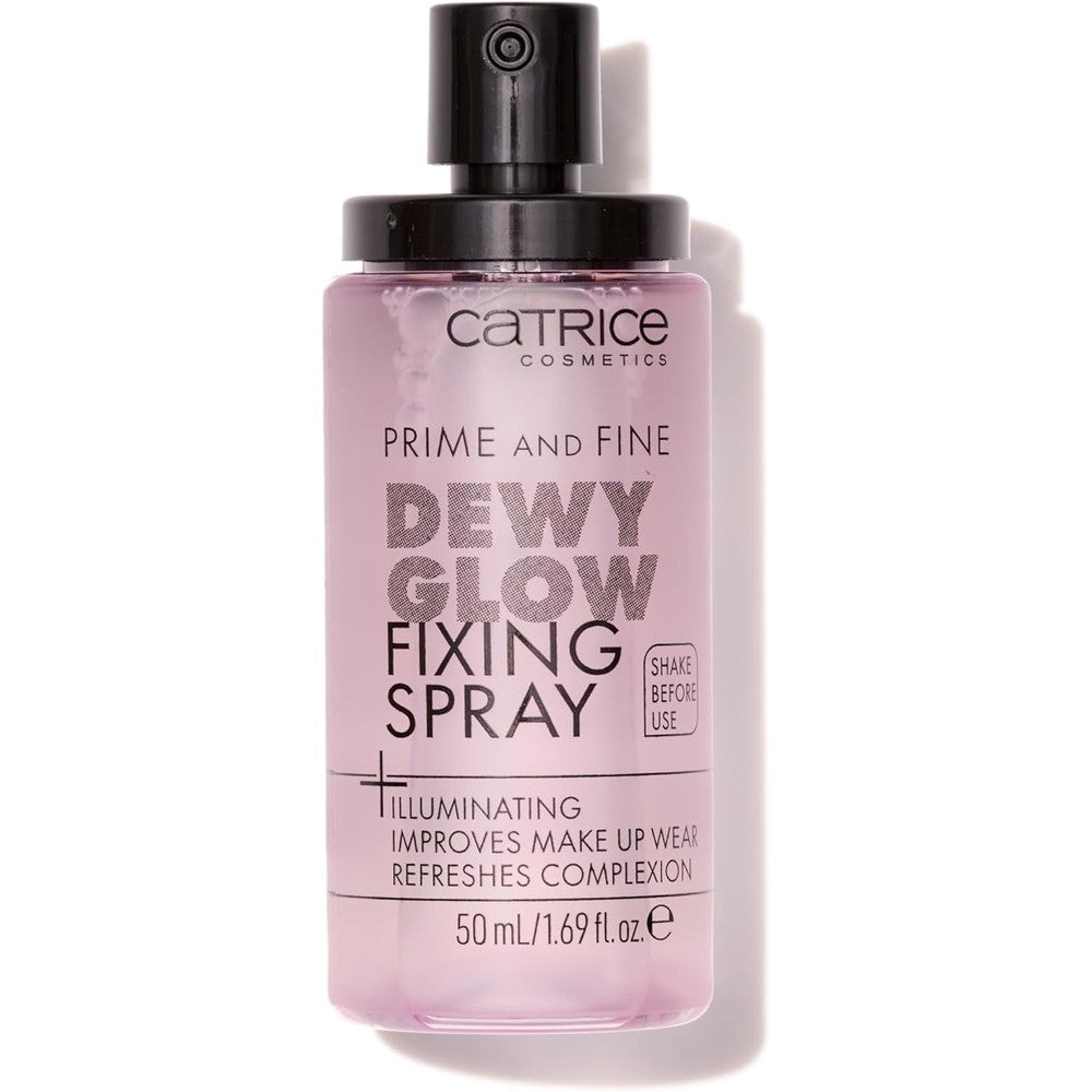 Catrice Prime and Fine Illuminating Dewy Glow Spray front view showing clear bottle packaging