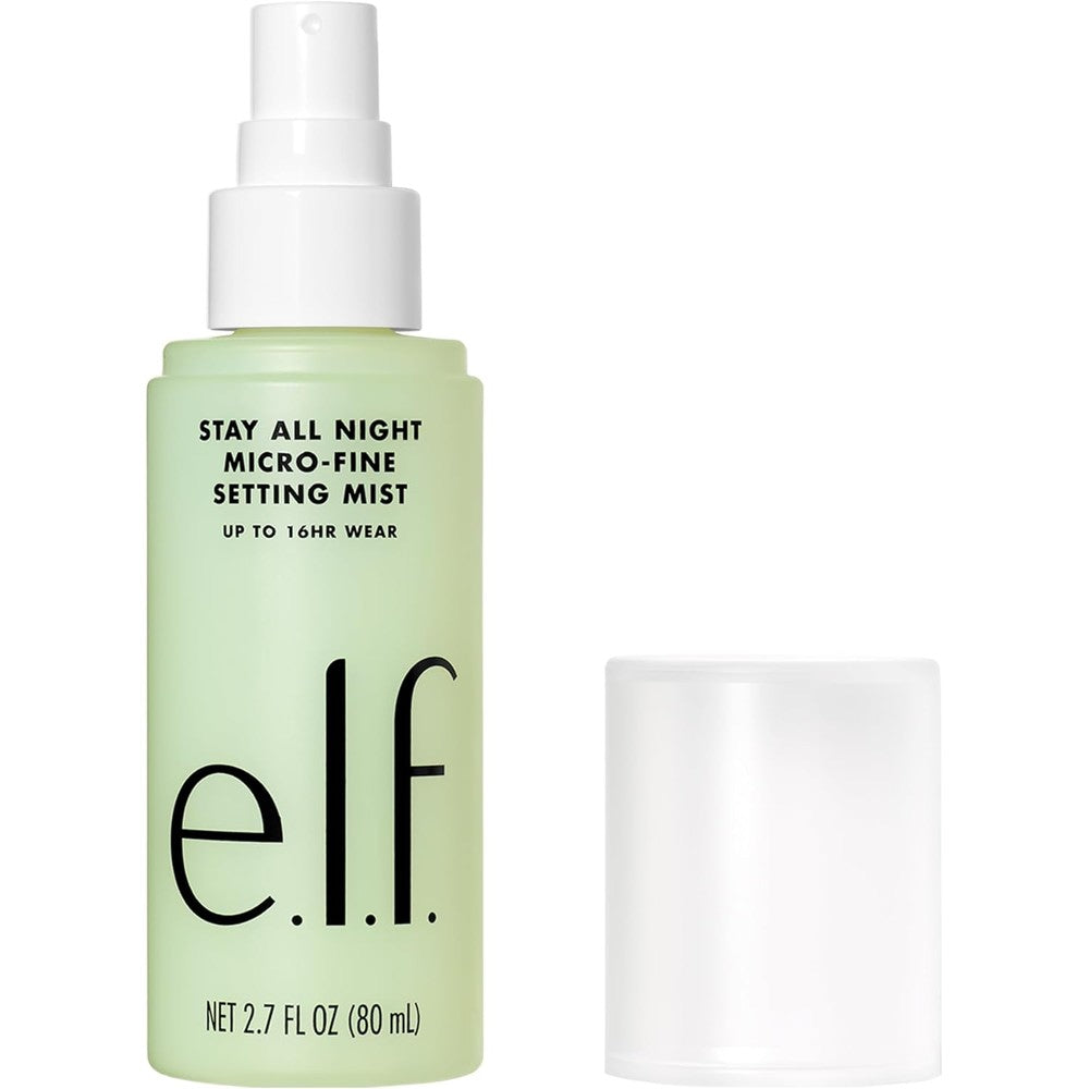 e.l.f. Stay All Night Micro-Fine Setting Mist bottle with micro-fine spray nozzle set and spray
