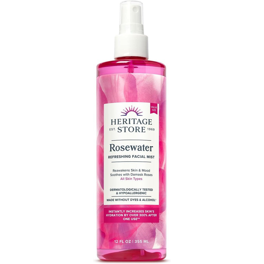 Heritage Store Rosewater Refreshing Face Mist 12 fluid ounces bottle front view
