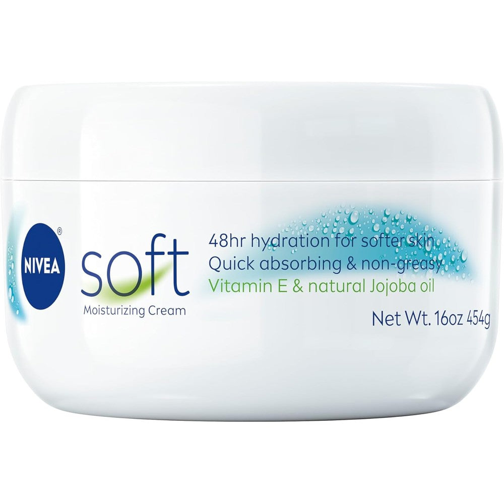 NIVEA Soft Refreshingly Soft Moisturizing Cream 16 Ounce front view jar showing the white and blue product packaging.