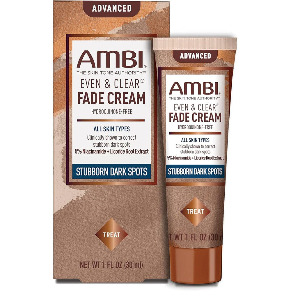 Ambi Even and Clear Advanced Fade Cream 1 Fluid Ounce front view packaging for dark spot corrector treatment