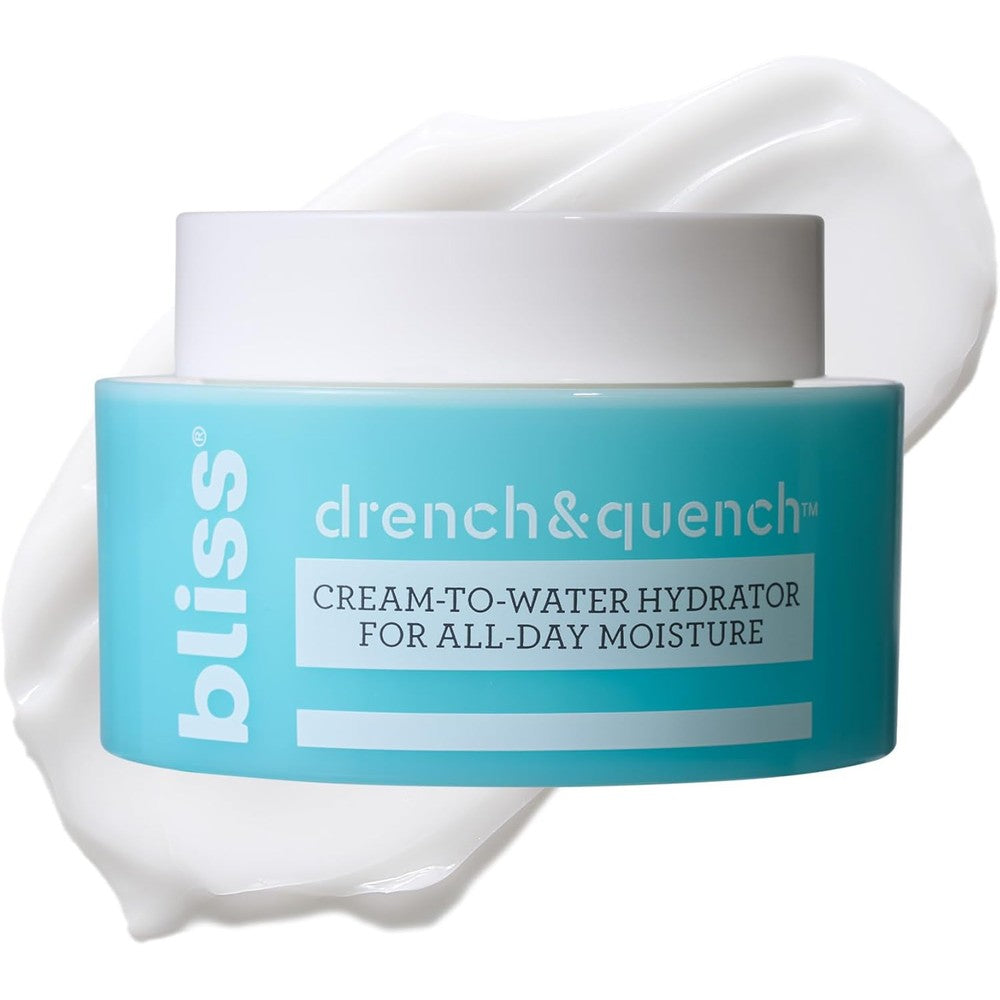 Bliss Drench and Quench Hyaluronic Acid Cream to Water Moisturizer front view of blue jar