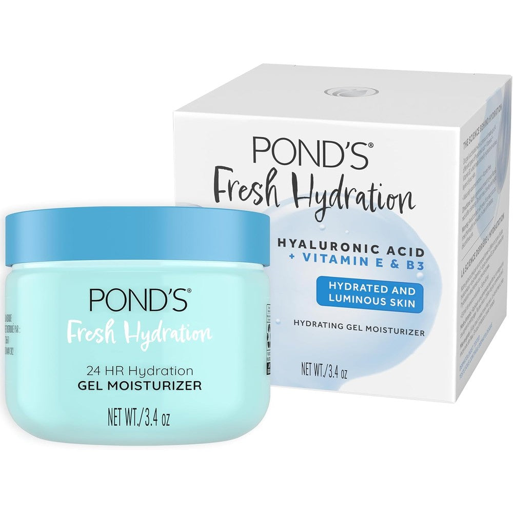 POND'S Fresh Hydration Gel Moisturizer front view of the 3.4 Ounce jar showcasing the key ingredients.