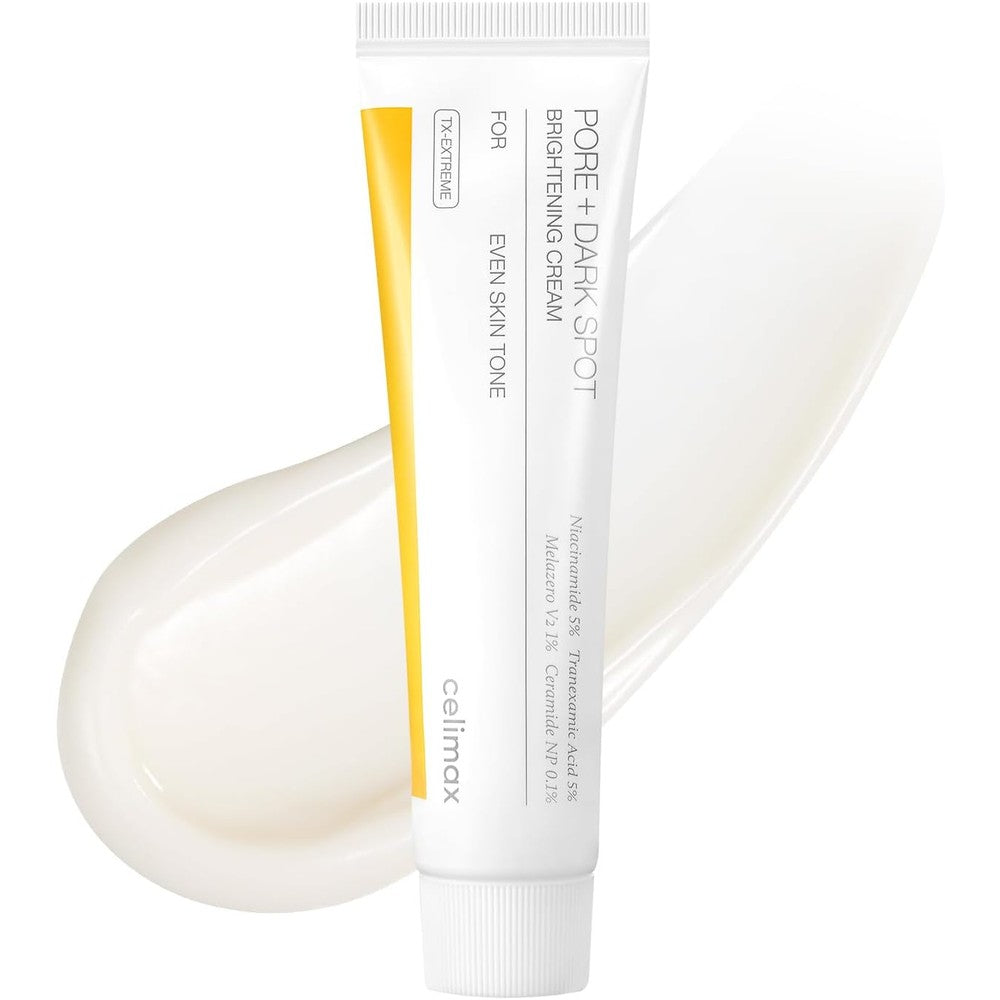 Celimax Pore and Dark Spot Brightening Cream front view of the thirty five milliliter tube container for hyperpigmentation treatment.