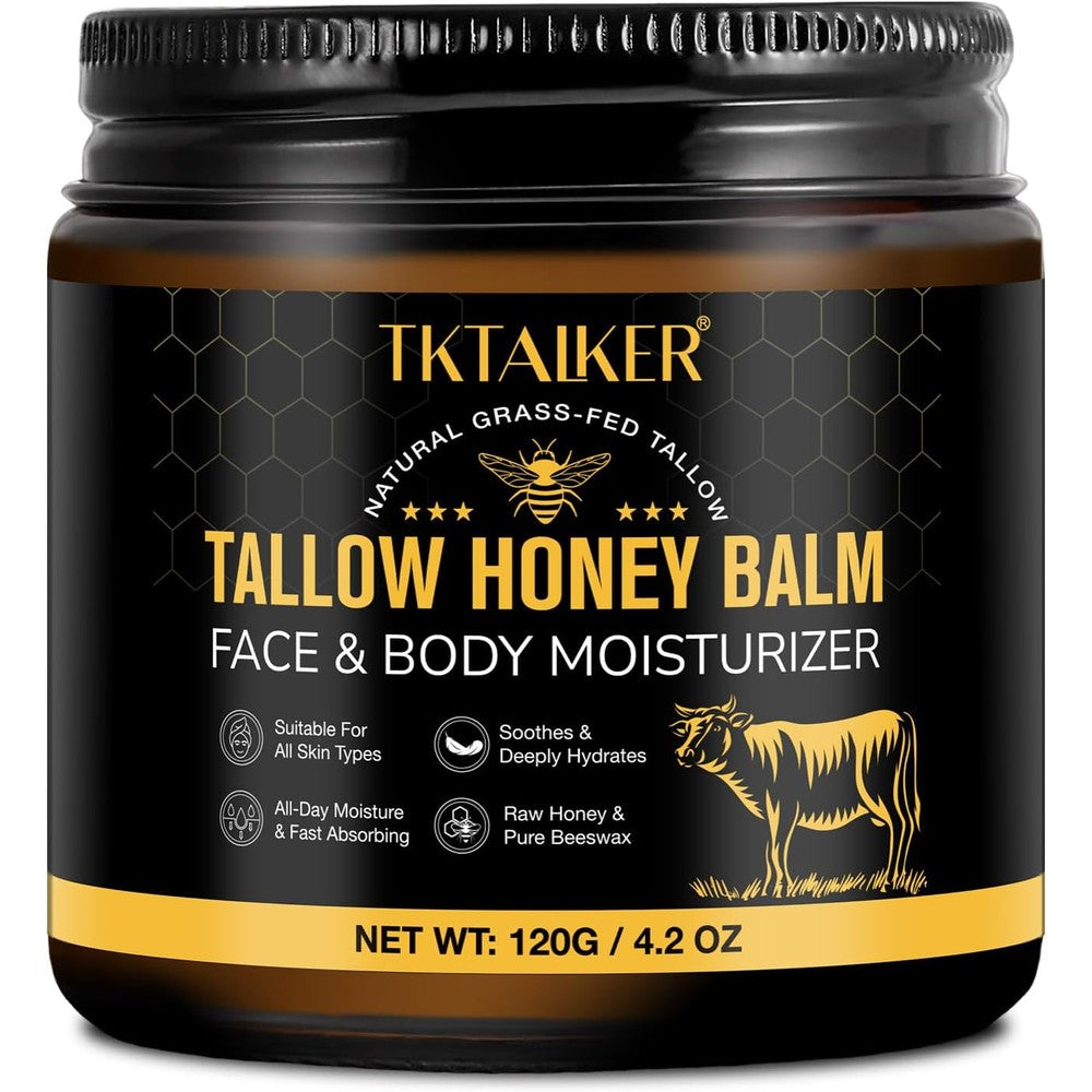 Tktalker beef tallow and honey balm face moisturizer front view packaging jar