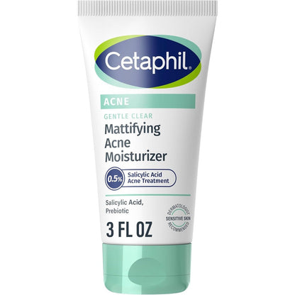 Cetaphil Gentle Clear Mattifying Acne Moisturizer front view of the white three fluid ounce tube