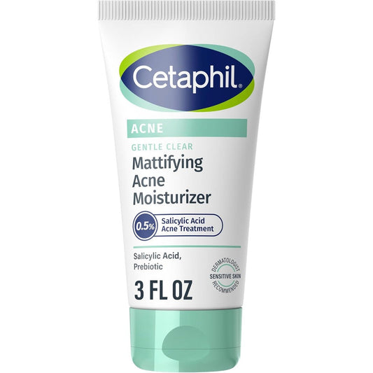 Cetaphil Gentle Clear Mattifying Acne Moisturizer front view of the white three fluid ounce tube