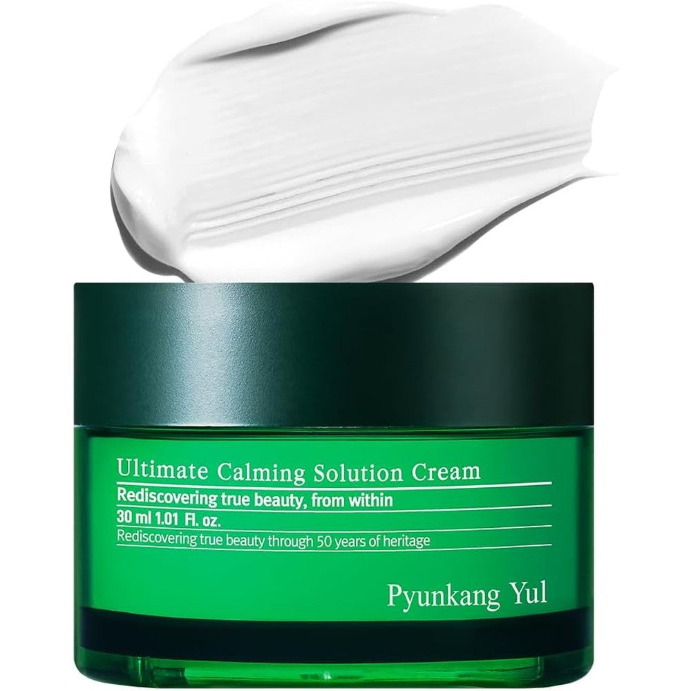 Pyunkang Yul Ultimate Calming Solution Cream front view green glass jar Korean moisturizer for sensitive skin