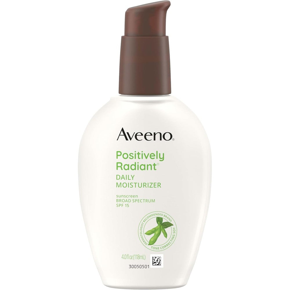 Aveeno Positively Radiant Daily Face Moisturizer SPF 15 four fluid ounce front view bottle on a white background
