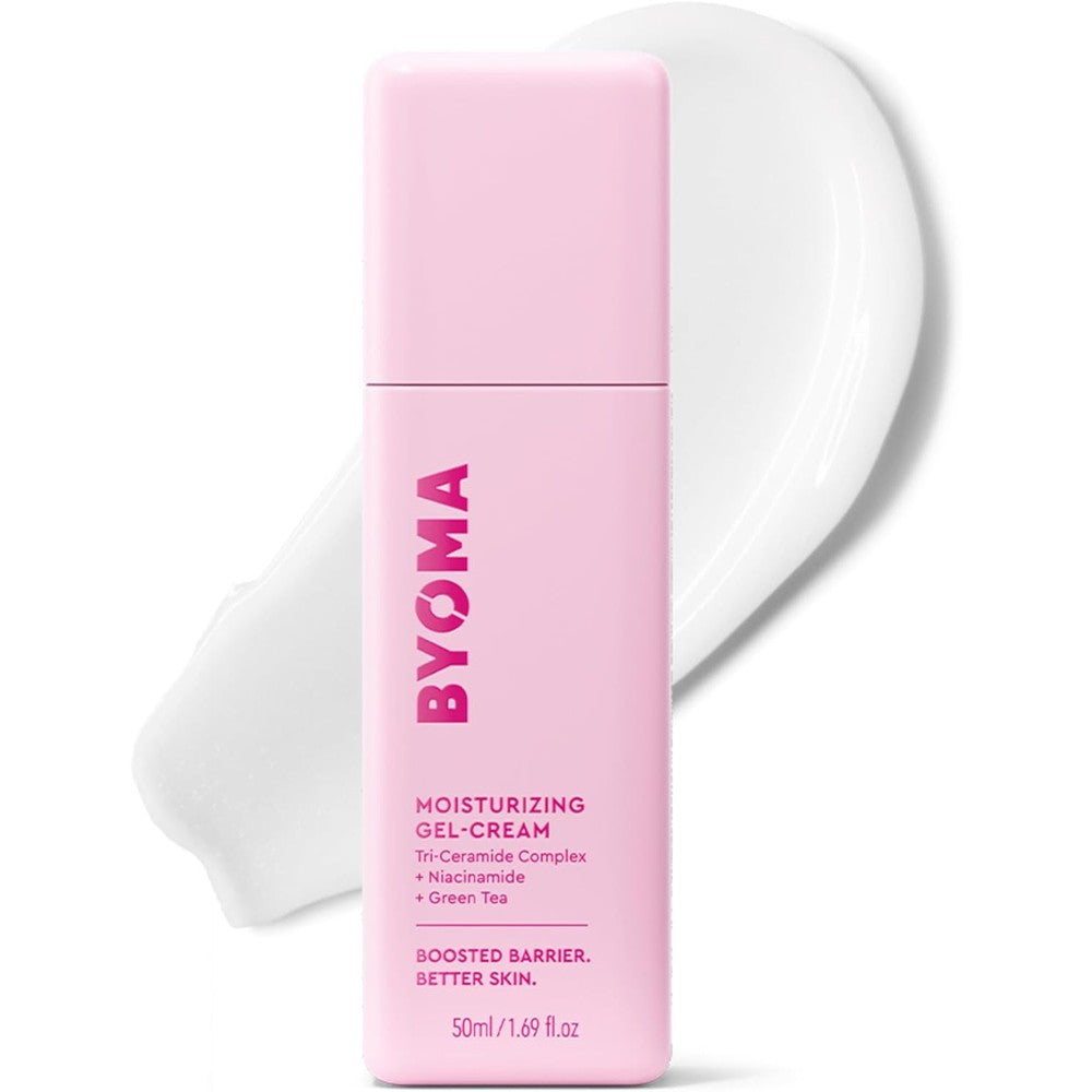 Byoma Moisturizing Gel Cream front view of pink bottle showing Tri-Ceramide Complex details