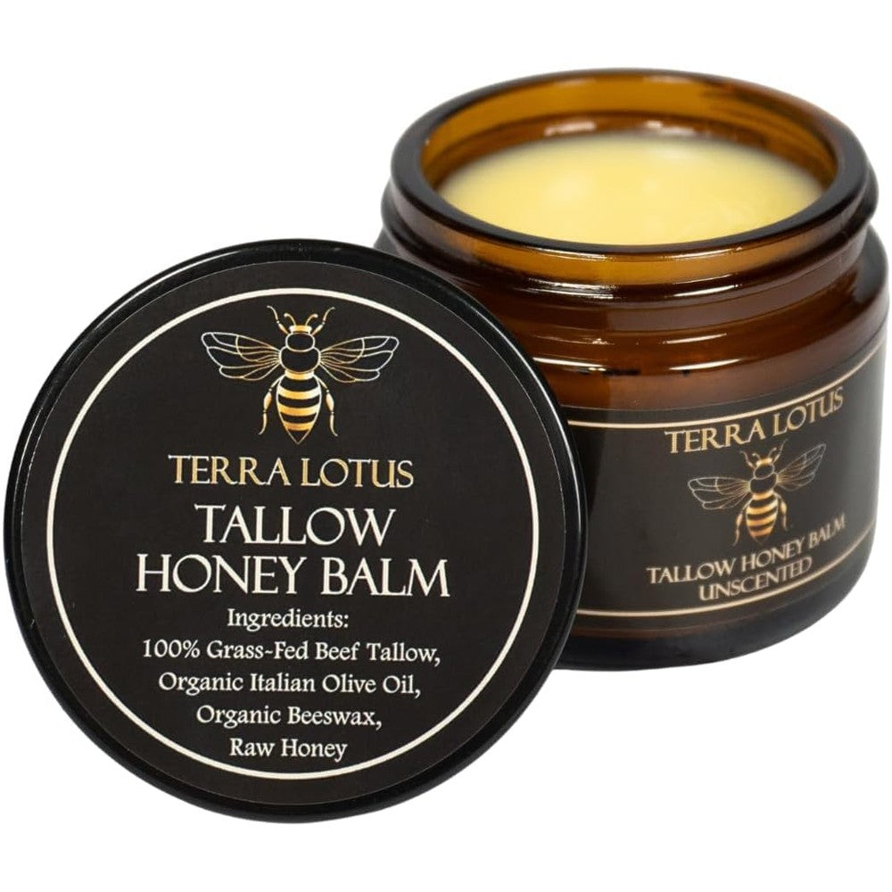 Terra Lotus organic grass fed beef tallow balm front view in amber jar