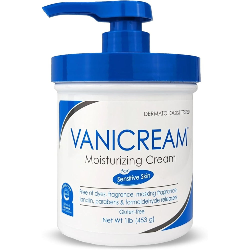 Vanicream Moisturizing Skin Cream front view showing the 16 ounce bottle with pump dispenser.