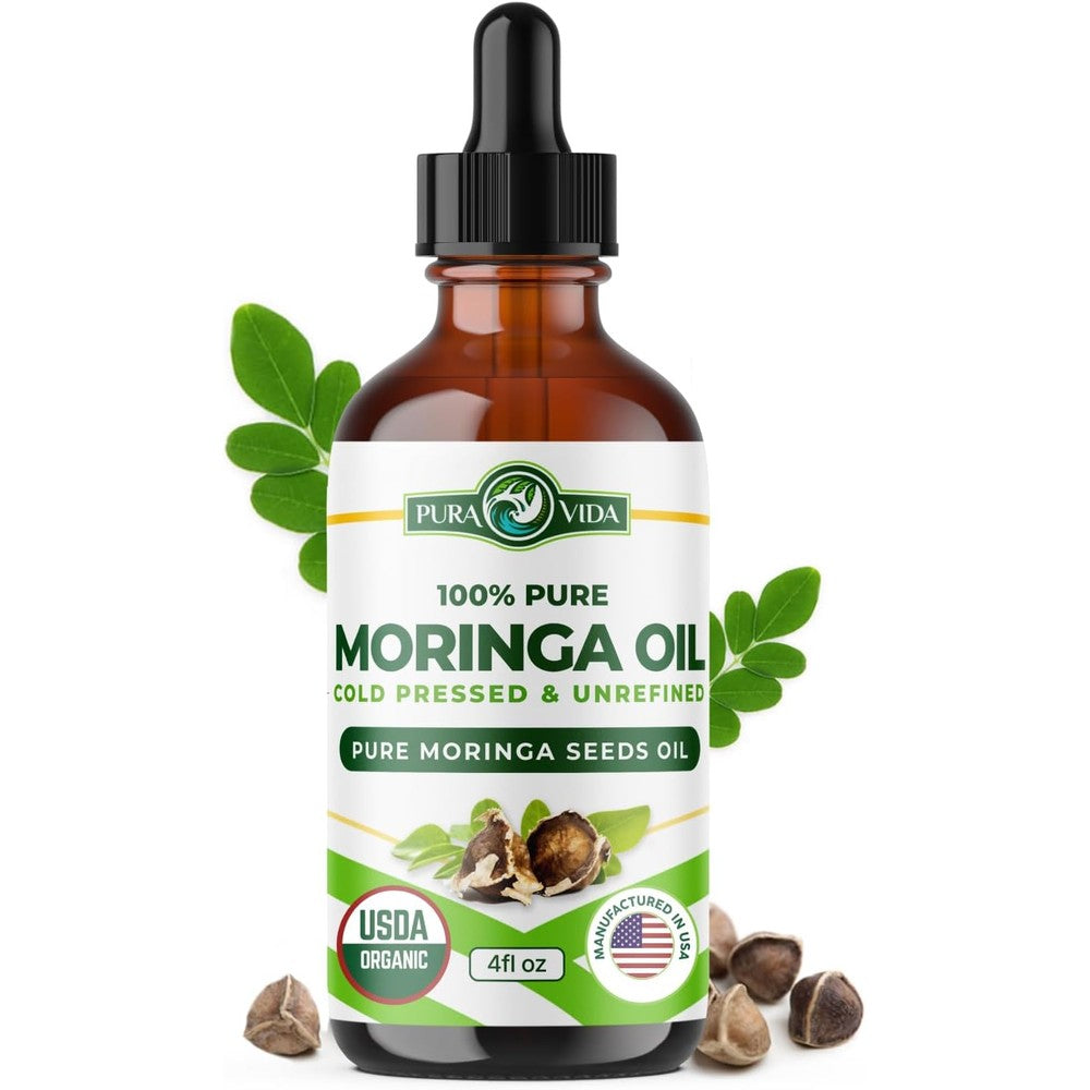 Pura Vida Moringa Organic Seed Oil four fluid ounce bottle front view highlighting the USDA certified organic seal for authentic premium skincare