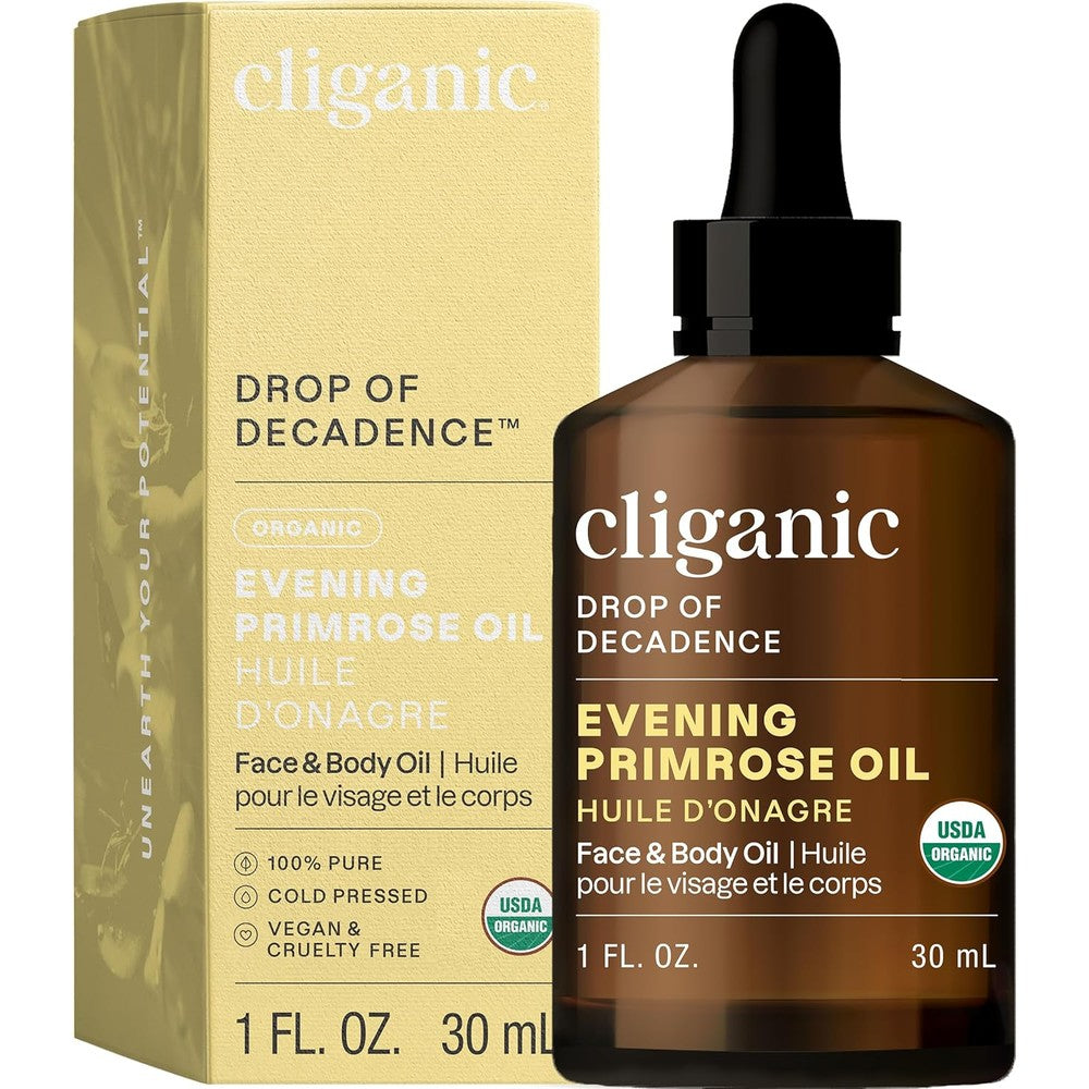 Cliganic Organic evening primrose oil benefits 1oz amber glass bottle with dropper for face and hair care