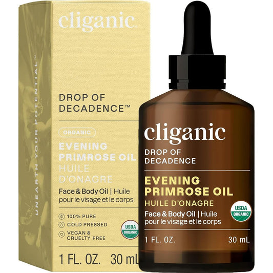 Cliganic Organic evening primrose oil benefits 1oz amber glass bottle with dropper for face and hair care