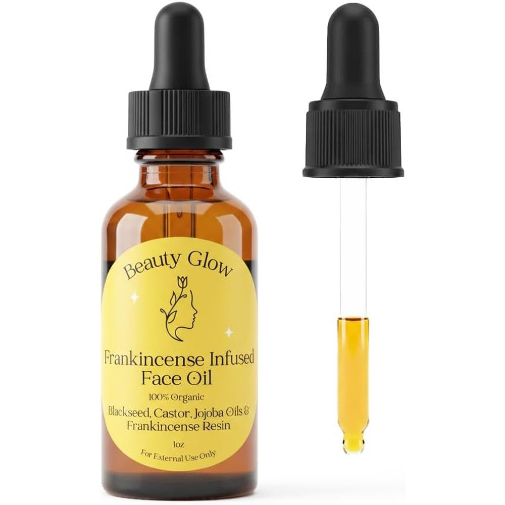Beauty Glow frankincense resin facial oil front view of the one fluid ounce bottle showcasing the anti aging cold pressed serum