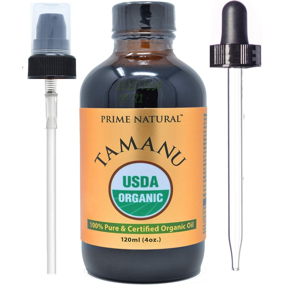 Prime Natural Organic Tamanu Oil front view bottle with dropper cap for natural skincare